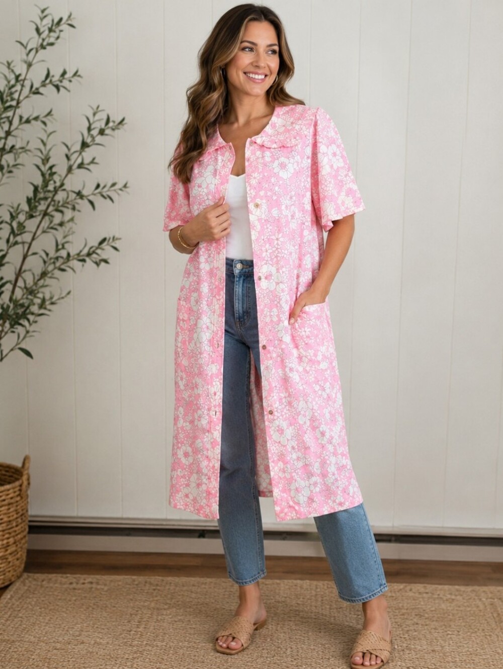 Vintage 1960s Pink Floral Duster Housecoat